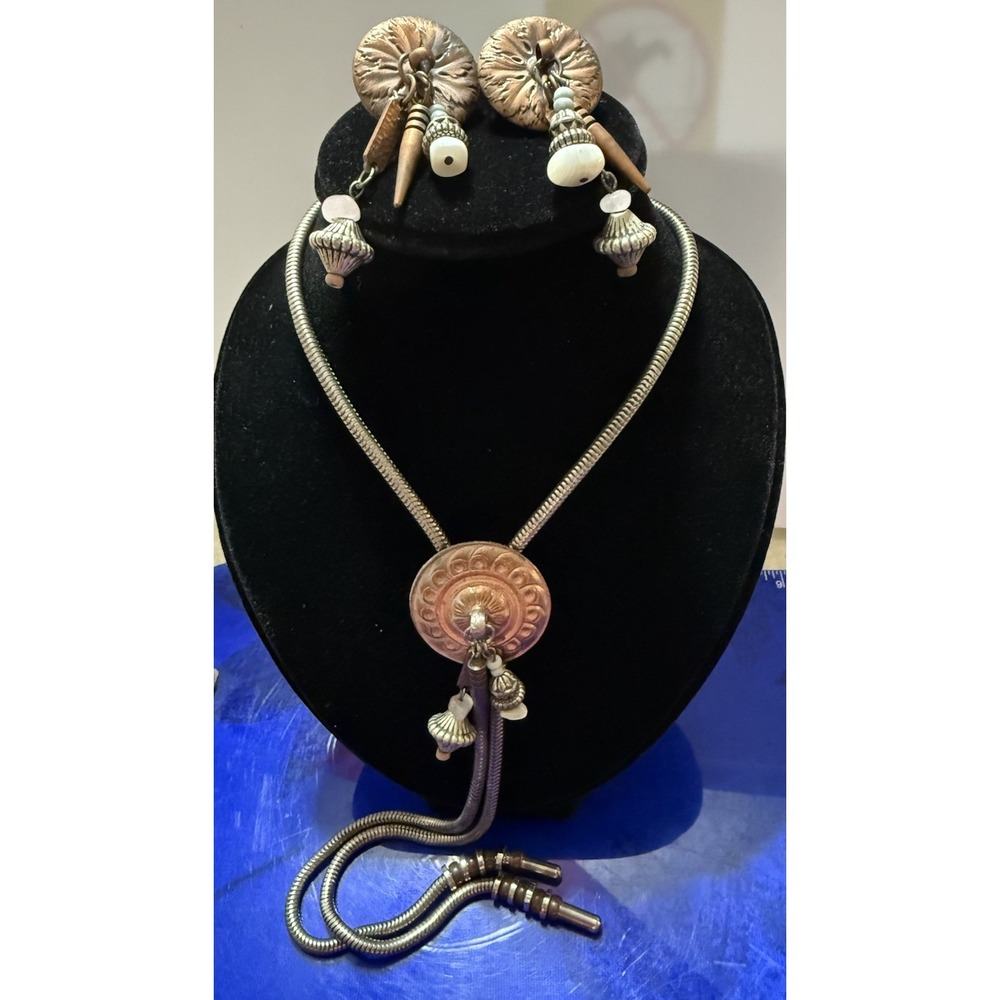 Vintage Circular Copper Look Pendant Bolo Tie On Chain Pierced Earrings Unique